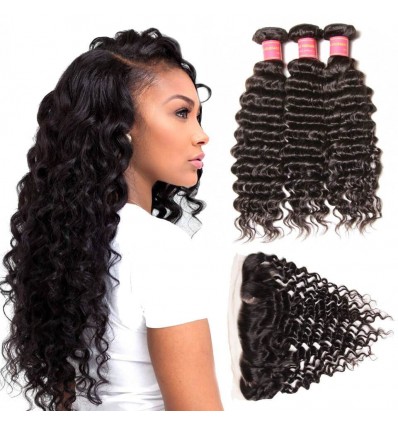 Malaysian Deep Wave Curly Hair 3 Bundles with 13*4 Ear to Ear Lace Frontal Closure