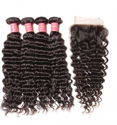 4 Bundles Malaysian Deep Wave Curly Hair with Lace Closure Free Part 4x4x4 7a Grade