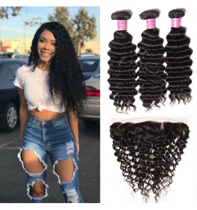 Peruvian Virgin Deep Wave Curly Hair 3 Bundles with Ear to Ear 13*4 Lace Frontal Closure Deals HJ Beauty Hair