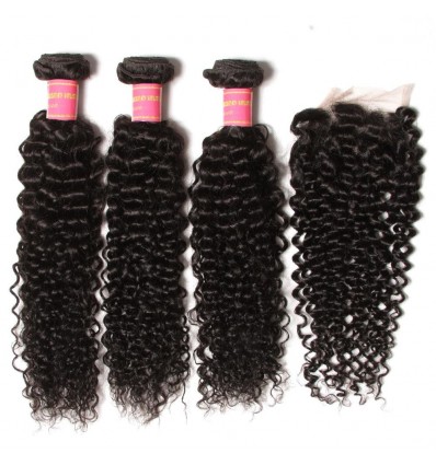 HJ Beauty Peruvian Virgin Curly Hair 1Pc Closure With 3 Bundles Of Curly Hair Weaves