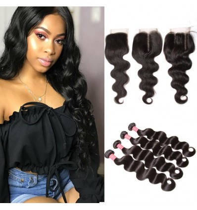 HJ Beauty Human Hair Virgin Indian Body Wave Weave 4 Bundles With Lace Closure