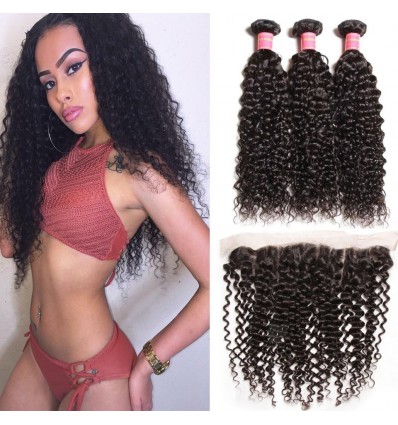 HJ Beauty Malaysian Curly Hair 3 Bundles with Ear to Ear 13*4 Lace Frontal Closure