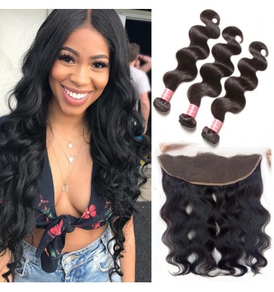 HJ Beauty Brazilian Virgin Body Wave Hair Bundles With Lace Frontal Hair Closure