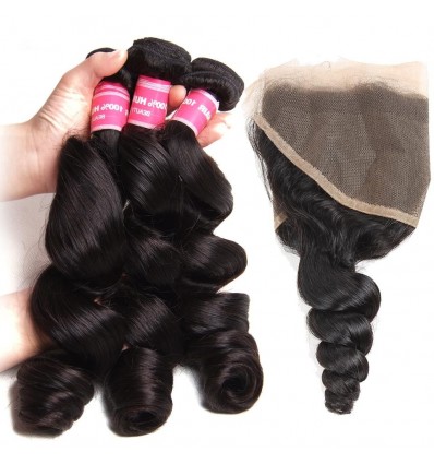 Malaysian Loose Wave 3 Bundles with 13x4 Ear to Ear Lace Frontal Closure HJ Beauty Hair