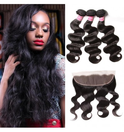 Indian Body Wave 3 Bundles with Ear To Ear Lace Frontal Closure
