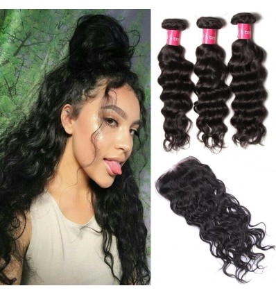 HJ Beauty Malaysian Natural Wave hair 3 Bundles with Lace Closure Unprocessed Human Virgin Hair