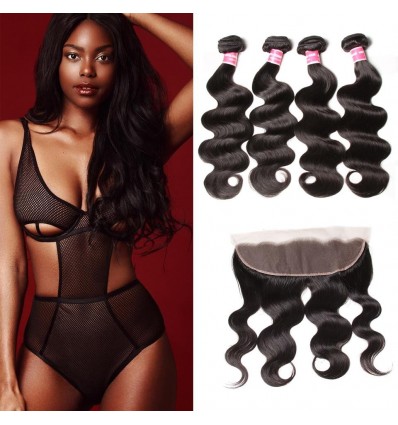 Peruvian Body Wave Virgin Hair 4 Bundles with Frontal Closure Natural Color