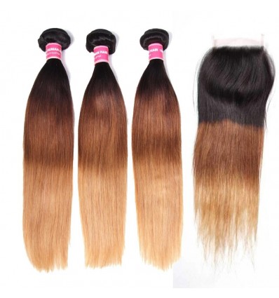 Straight Human Hair 3 Bundles with Lace Closure