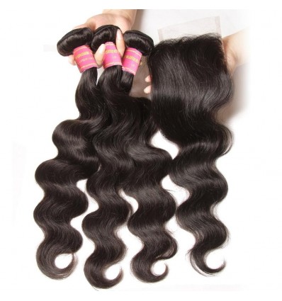 Peruvian Body Wave Lace Closure With 3 pcs Human Virgin Hair Weave