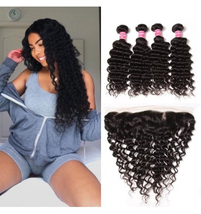 Malaysian Deep Wave 4 Bundles with Lace Frontal Closure