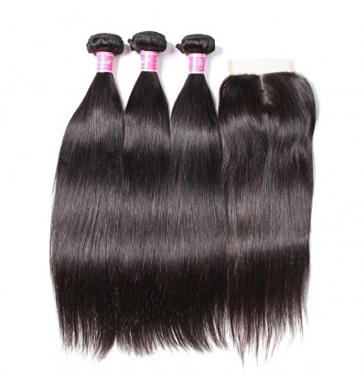 HJ Beauty 7A Malaysian Straight Virgin Hair 3 Bundles with 4x4 Lace Closure