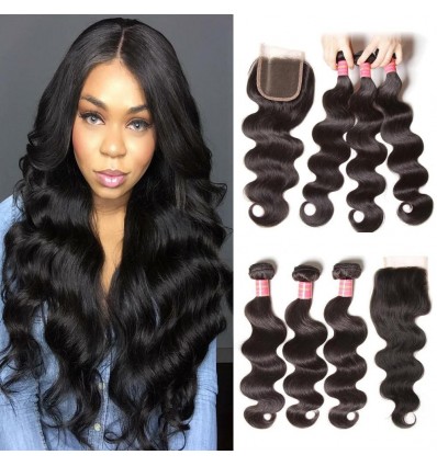 HJ Beauty Brazilian Hair Body Wave Virgin Human Hair 3 Bundles with 1pc Lace Closure