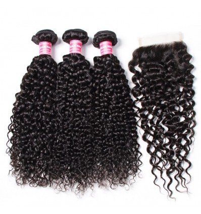 HJ Beauty Brazilian Virgin Curly Hair 3 Bundles With Closure Unprocessed Human Hair Extension