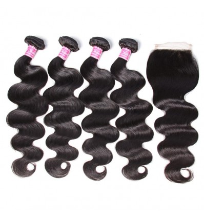 Peruvian Virgin Body Wave 4 Pcs with Lace Closure 7a Grade Virgin Human Hair Weave Extensions