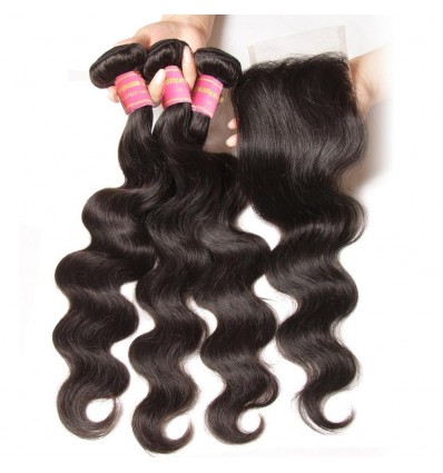 HJ Beauty Peruvian Body Wave Lace Closure With 3 pcs Human Virgin Hair Weave