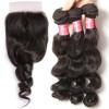 HJ Beauty 7A Brazilian Loose Wave Human Virgin Hair 3 Bundles with Closure Natural Color