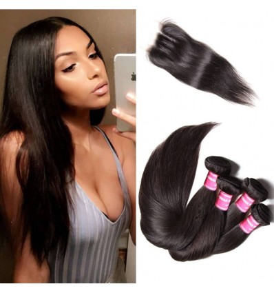 HJ Beauty 3 pcs Human Virgin Brazilian Hair Straight Bundles With Lace Closure