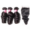 HJ Beauty 7A Brazilian Loose Wave Human Virgin Hair 3 Bundles with Closure Natural Color