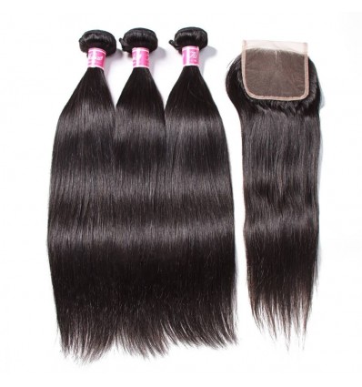 HJ Beauty Peruvian Straight Hair with Closure 3 Bundles Virgin Human Hair With 4x4 Lace Closure