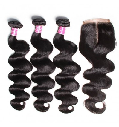 HJ Beauty Hair 7A Grade Virgin Brazilian Body Wave 3 Bundles with 4x4 Lace  Closure