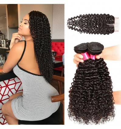 HJ Beauty Malaysian Curly Virgin Hair 4x4 Lace Closure With 3 bundles Human Hair Weft