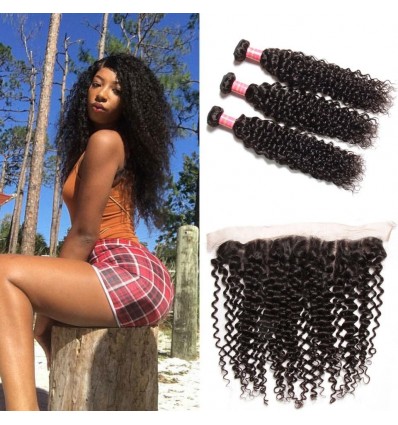 Peruvian Curly Hair 3 Bundles with Lace Frontal Closure HJ Beauty Hair