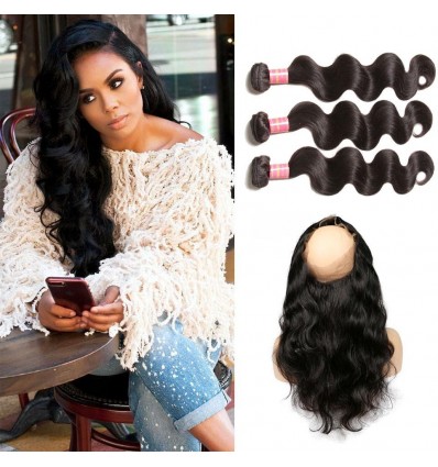 Malaysian Body Wave 360 Lace Frontal Closure With 3 Bundles Virgin Human Hair Weaves Hj Beauty Hair