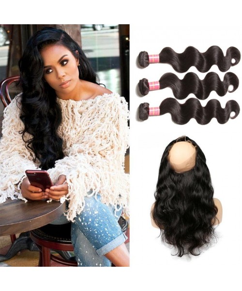 Malaysian Body Wave 360 Lace Frontal Closure with 3 Bundles Virgin Human  Hair Weaves HJ Beauty