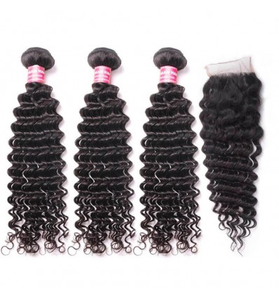 HJ Beauty Brazilian Deep Wave Virgin Hair 4x4 Free Part Lace Closure with 3 Bundles Weave