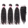 HJ Beauty Brazilian Deep Wave Virgin Hair 4x4 Free Part Lace Closure with 3 Bundles Weave
