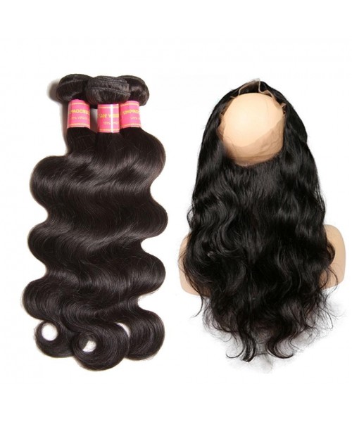 Malaysian Body Wave 360 Lace Frontal Closure With 3 Bundles Virgin