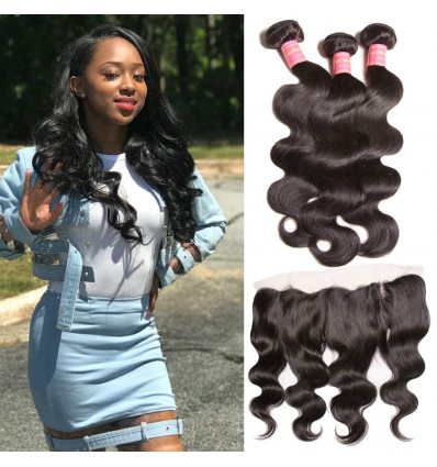 HJ Beauty Malaysian Body Wave 3 Bundles with Ear To Ear Lace Frontal Closure 100% Virgin Human Hair Weave Bundles