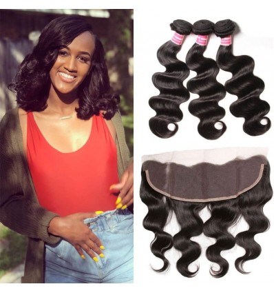 HJ Beauty Peruvian Body Wave 3 Bundles with Ear To Ear Lace Frontal Closure